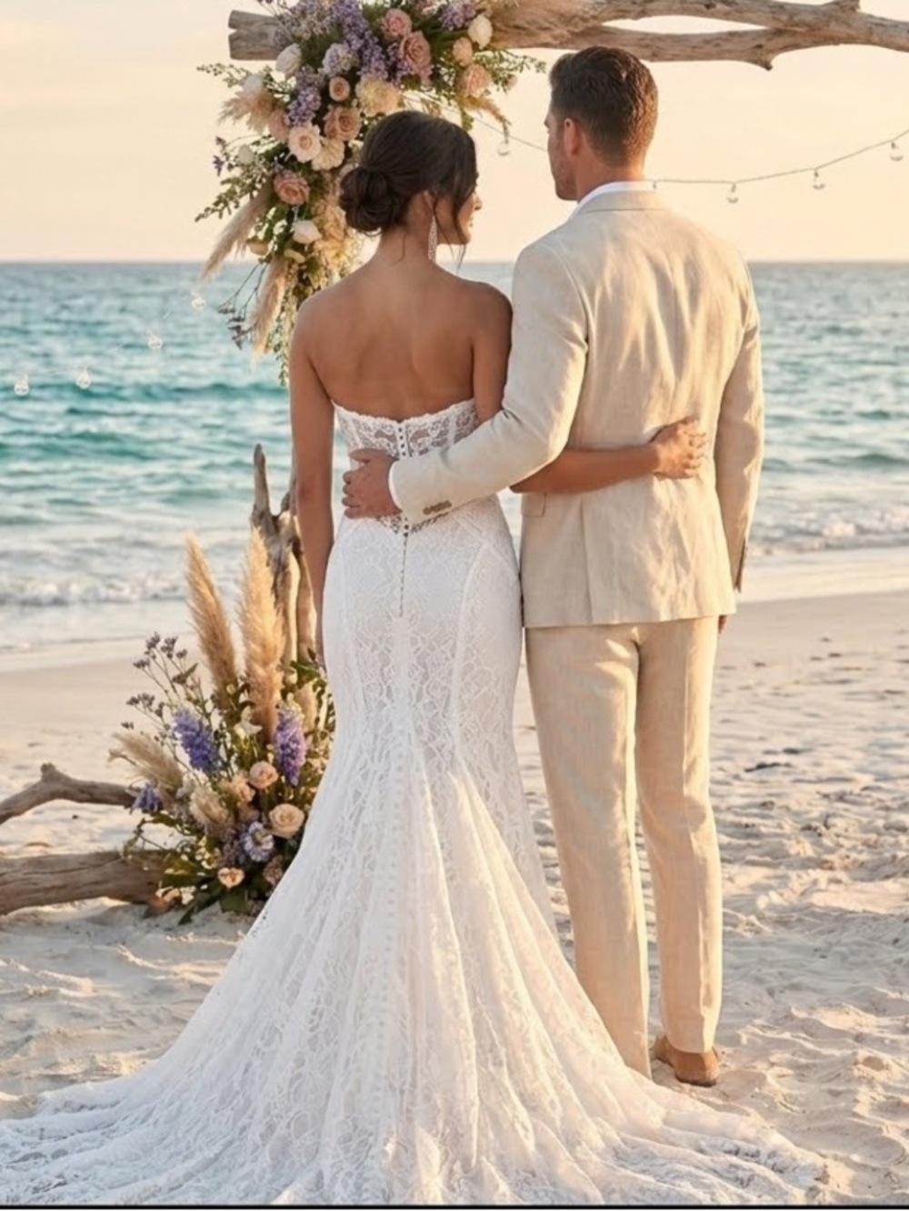 New Lulu's Ivory Imani Strapless Fitted  Lace Mermaid Wedding Dress Sz Medium